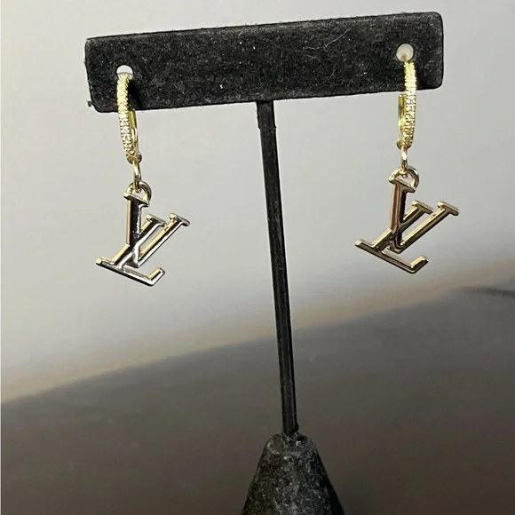 Upcycled LV Louis Vuitton Stamped Charm Dangle Earrings - Picture 5 of 9